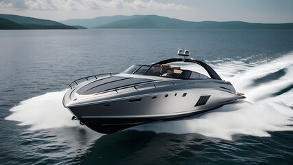  A sleek and luxurious speedboat, with a silver and gray color scheme