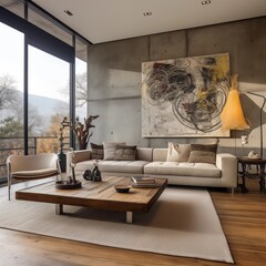 Modern Living Room With Abstract Artwork And Floor-to-Ceiling Windows