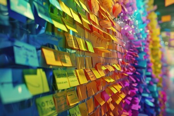 Fototapeta premium A close-up shot of a wall covered with colorful Post-it Notes, ideal for use as an example of creative communication or brainstorming