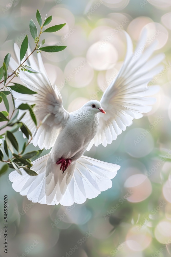 Canvas Prints A small white bird flies through the air, close to a tree trunk