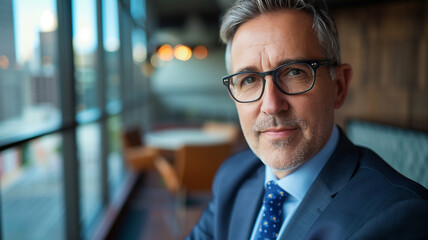 Fototapeta premium Close up of a Middle aged Caucasian male lawyer's face with a beard and wearing glasses smiling with his arms crossed with his office behind him.