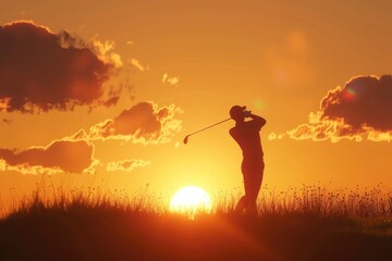 A man plays golf in the fading light of sunset