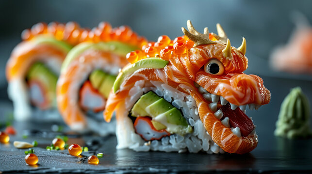 sushi culinary art an uramaki roll presented as an oriental mystical dragon tuna or salmon filling