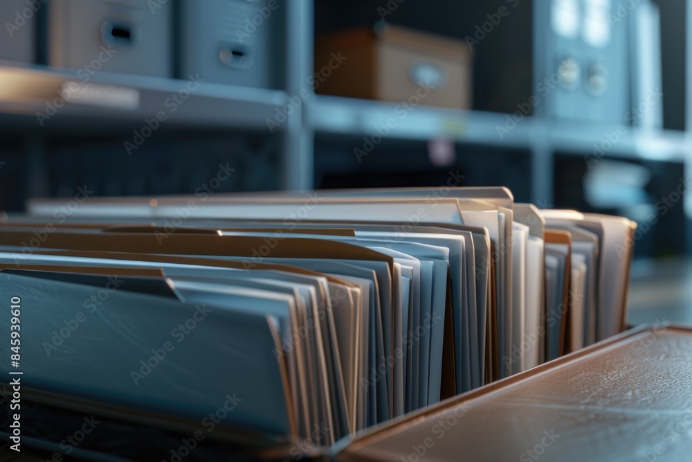 Poster a stack of folders placed on top of a wooden table