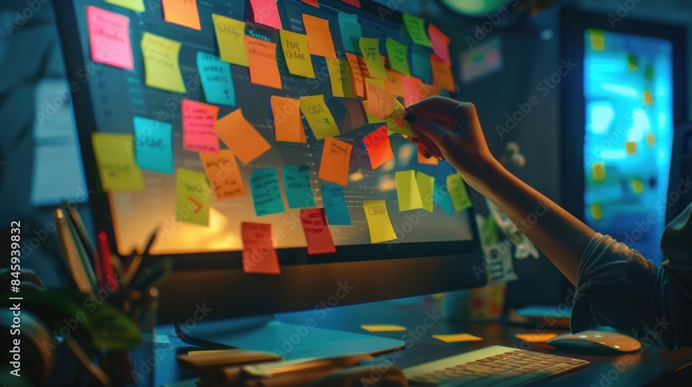 Poster a person sitting at their desk, focused on their computer screen, surrounded by sticky notes