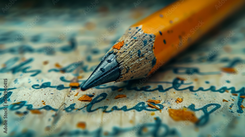 Poster a pencil is on top of a piece of paper with writing on it. the pencil is sharpened and has a blue ti