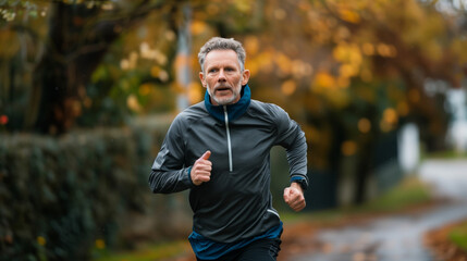 Obraz premium Mature caucasian man jogging run on the street