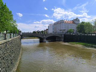 View of the city of Pilsen from the bridge over the river Mze