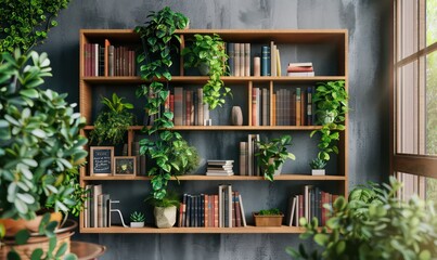 Fototapeta premium Wooden bookshelves with hardback overturned books in white interior, indoor flowers on the shelves, home library, biophilic design and plants