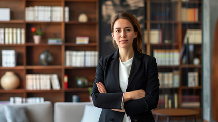 Confident young American female lawyer looking at the camera with a library office backdrop.