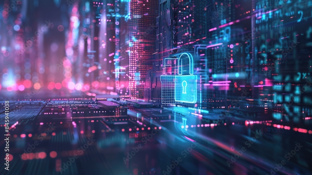 Poster A futuristic digital cityscape with a large padlock in the center, surrounded by modern architecture and technology