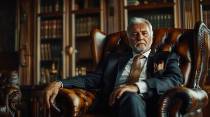 Dignified senior businessman exudes power and experience as he sits in a luxurious leather chair in a classic office