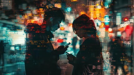 Man and woman looking at phones, darker side of the internet, exploitation, gambling, affairs, square aspect ratio
