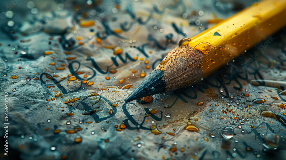 Poster a pencil is on top of a piece of paper with writing on it. the pencil is sharpened and has a blue ti
