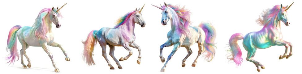 Majestic unicorns with colorful manes and tails fantasy creatures transparent background