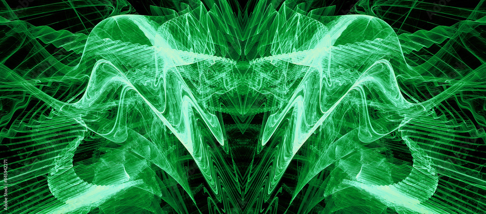 Poster wavy symmetrical green abstract texture on black background. transparent waves diverge in different 