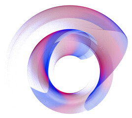 Blue-red wavy airy layered striped planes are arranged in a circle on a white background. Icon, logo, symbol, sign. 3D rendering. 3D illustration.