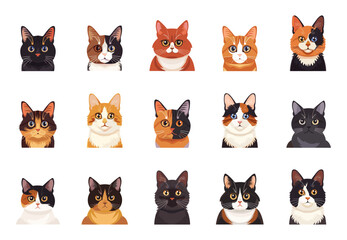 Adorable cat breeds portrait set. Front view. Head only. Design element foe stickers. Decoration for poster, banner, pet shop, web. Vector clipart