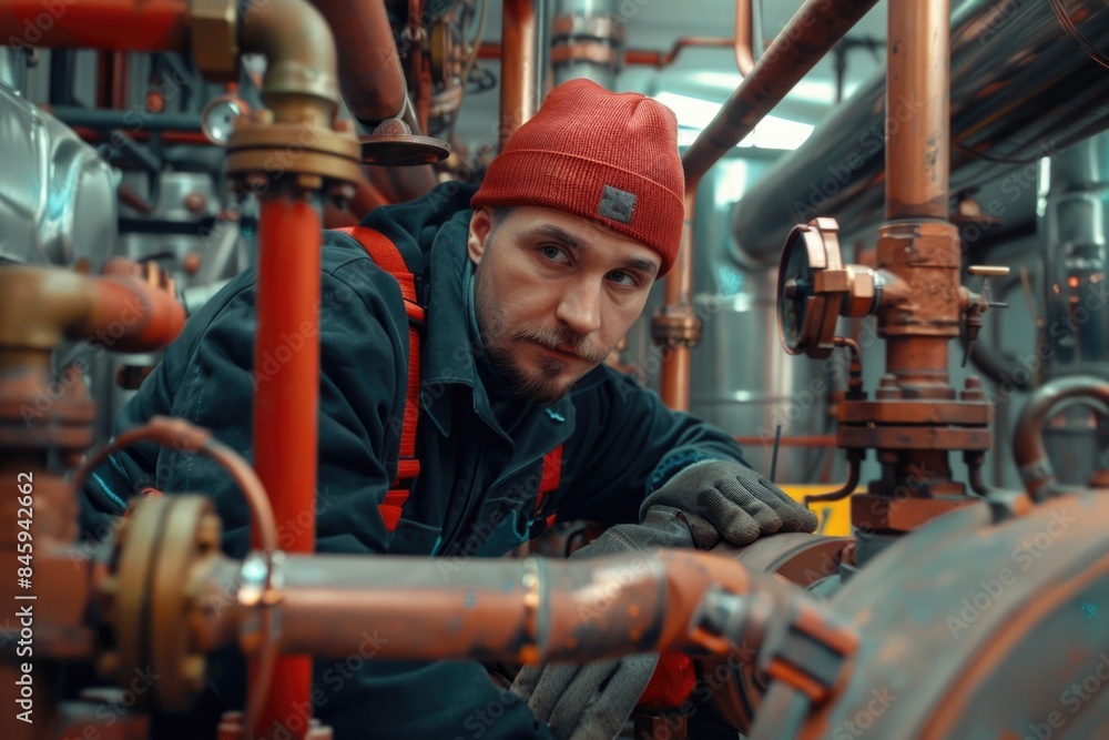 Aufkleber a person in a bright red hat is busy with a pipe, possibly fixing or maintaining something