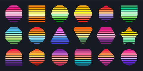 Vintage sunset collection. Various colorful striped sunrise badges in 80s and 90s style. Sun and ocean view, summer vibes, surfing. Design element for print, logo or t-shirt. Vector illustration