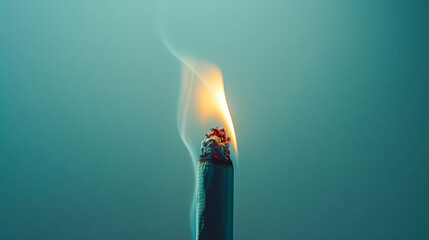 A cigarette is lit and the smoke is coming out of it. The smoke is orange and yellow