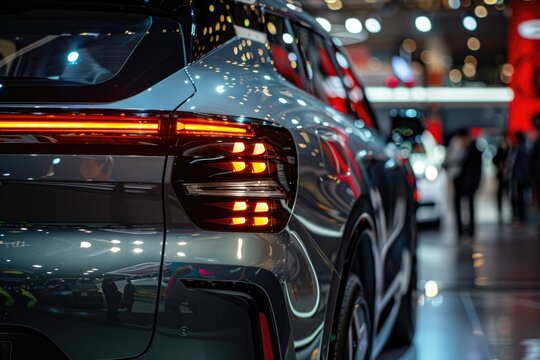 A high angle shot of the rear of a vehicle with its tail lights illuminated