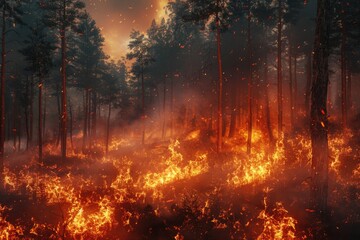 A dense forest with flames burning next to the trees, offering an eerie and dramatic scene
