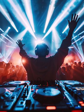 A dj mixing in front of a crowd of people, great for events or party scenes
