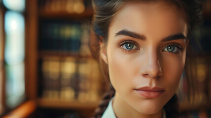 Close up of a confident young female lawyer looking at the camera with a library office backdrop.