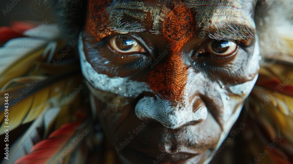 Poster close-up of a person with a painted face, ideal for use in theatrical or artistic context