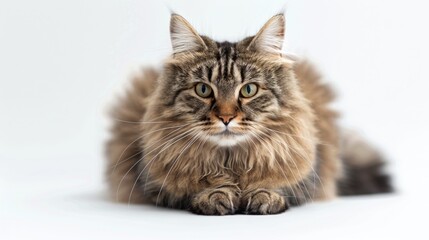 A close-up shot of a long-haired cat lying down on a white surface, with its fur blowing gently
