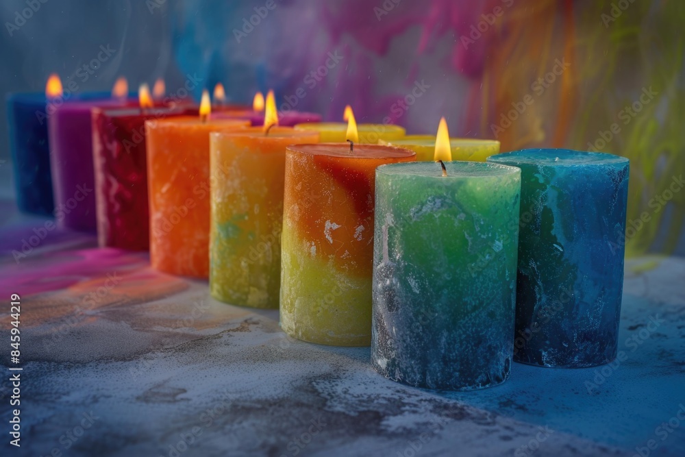 Poster A row of colorful candles placed next to each other, ideal for decorative purposes or as a visual representation of unity and harmony