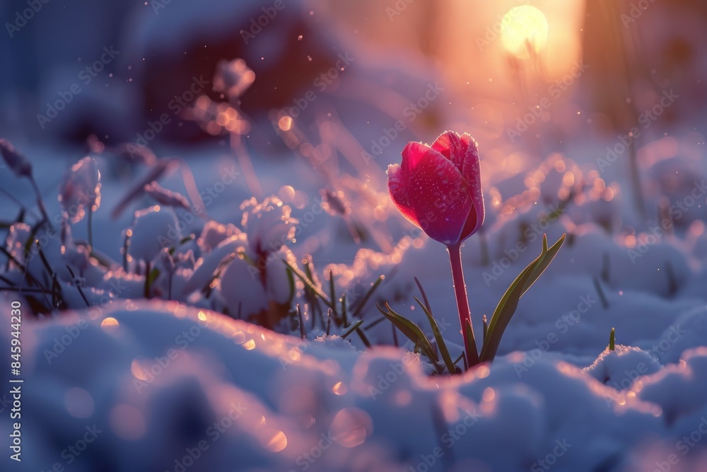 Canvas Prints Single red flower stands out against snowy backdrop with warm sunlight