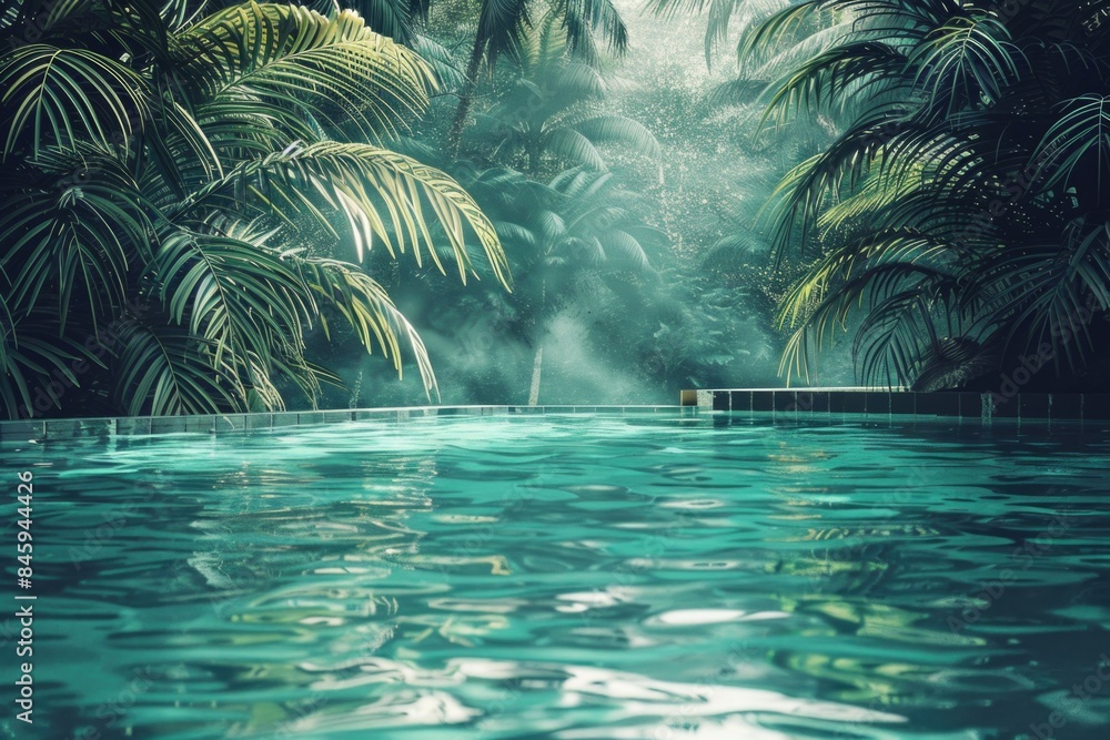 Poster a serene pool scene in the heart of a jungle, surrounded by tall palm trees