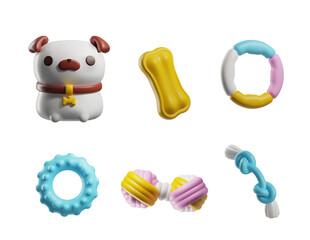 3D illustrated pet care items with cute dog and toys. Pet Shop.