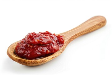 Obraz premium Wooden spoon filled with ketchup on a white background, suitable for food or kitchen themed photoshoots