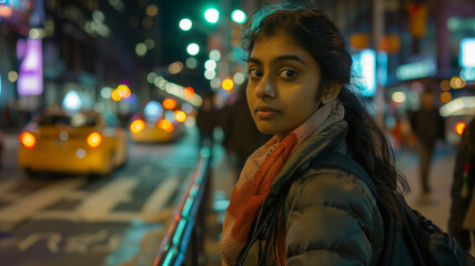 Obraz premium Gen-z Indian woman looking at the camera while getting into a taxi on a New York City street at night.