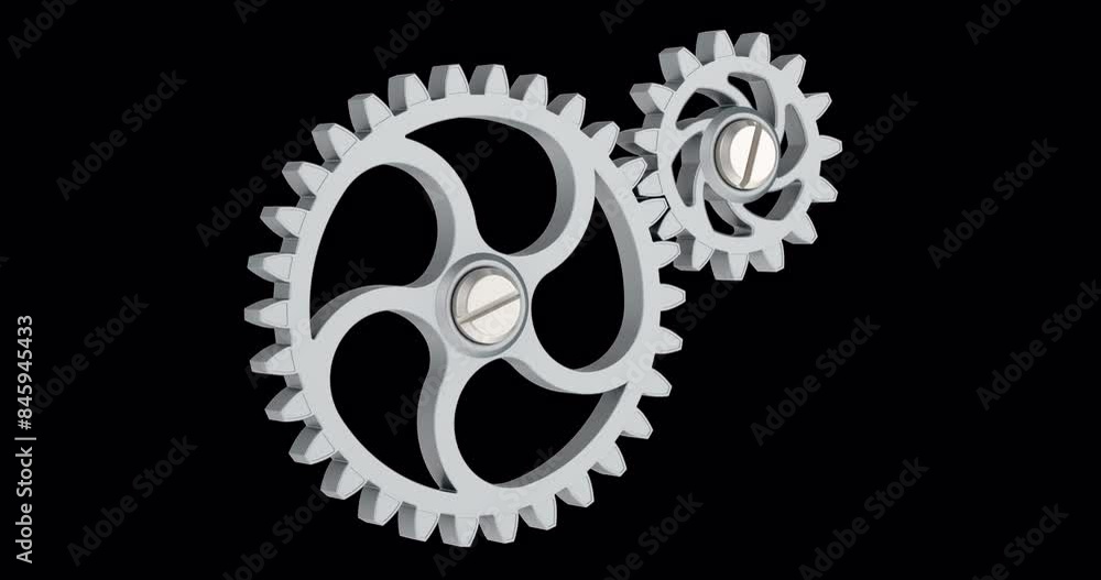 Poster two steel gearwheels rotation animation. 3d rendering isolated on transparent background