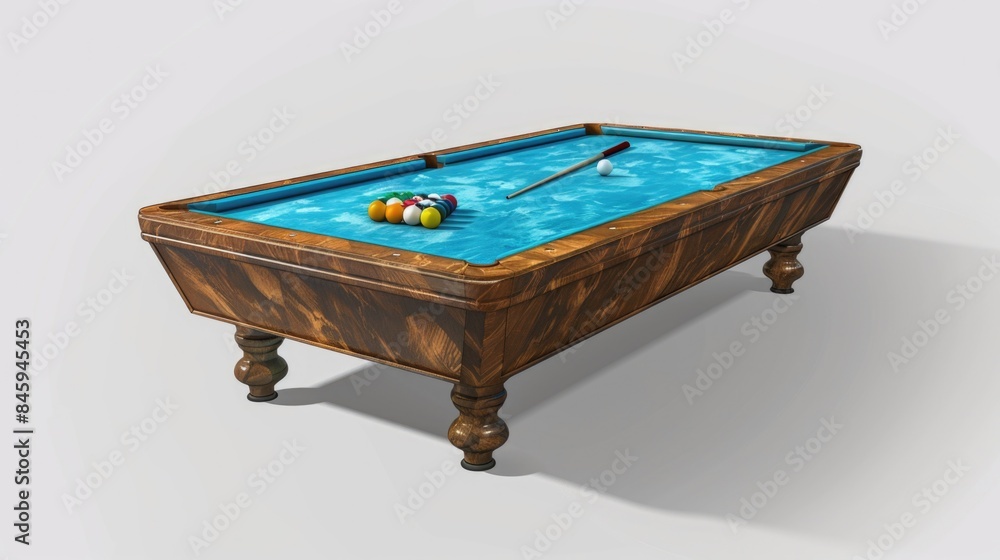 Poster a close-up view of a pool table with balls and cues placed strategically for a game