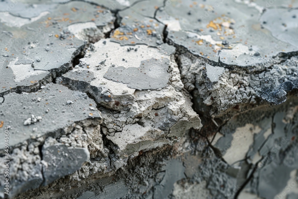 Poster a detailed view of a damaged concrete wall with cracks and worn-out texture