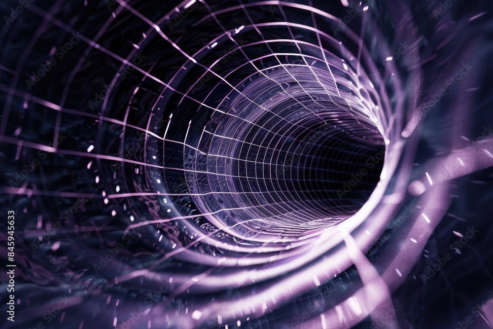 Poster a mysterious scene with a purple light illuminating a dark tunnel, suitable for use in concepts rela