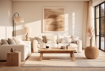 Minimalist Beige Living Room With White Sofa