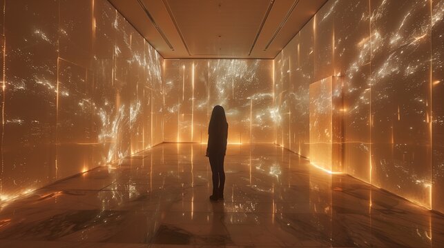 A visitor stands in a brightly lit room surrounded by holographic projections of famous artwork.