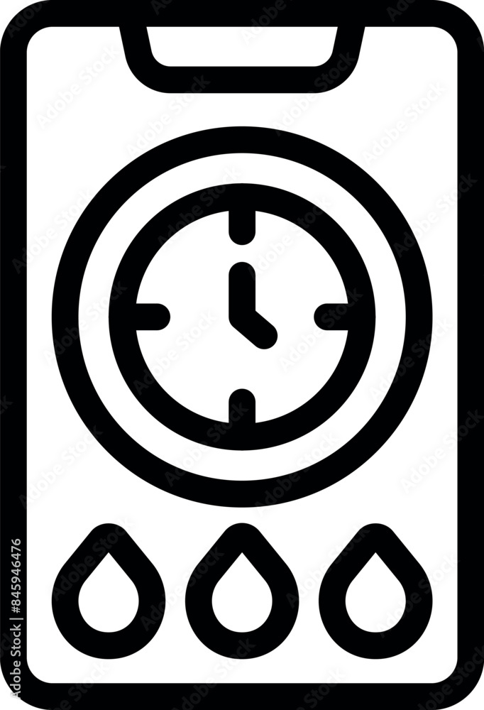 Poster simple black icon of a mobile app interface for tracking water balance with a clock showing the time