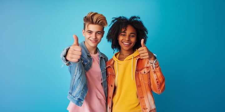 Smiling teenage best friends showing thumbs up over blue background, Generative AI