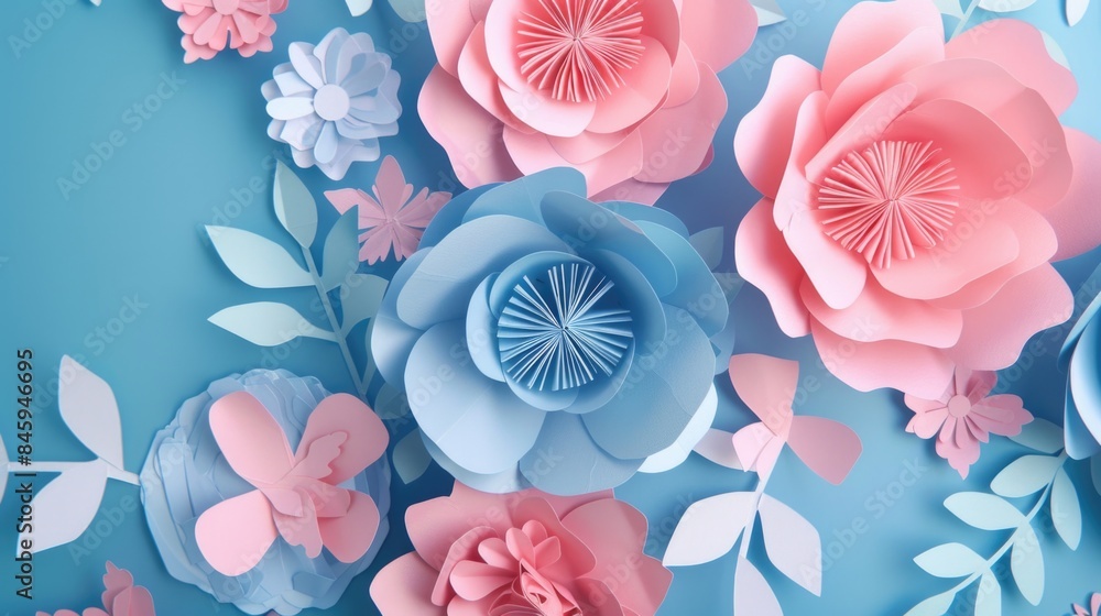 Poster a bouquet of colorful paper flowers arranged on a bright blue background, perfect for use in designs