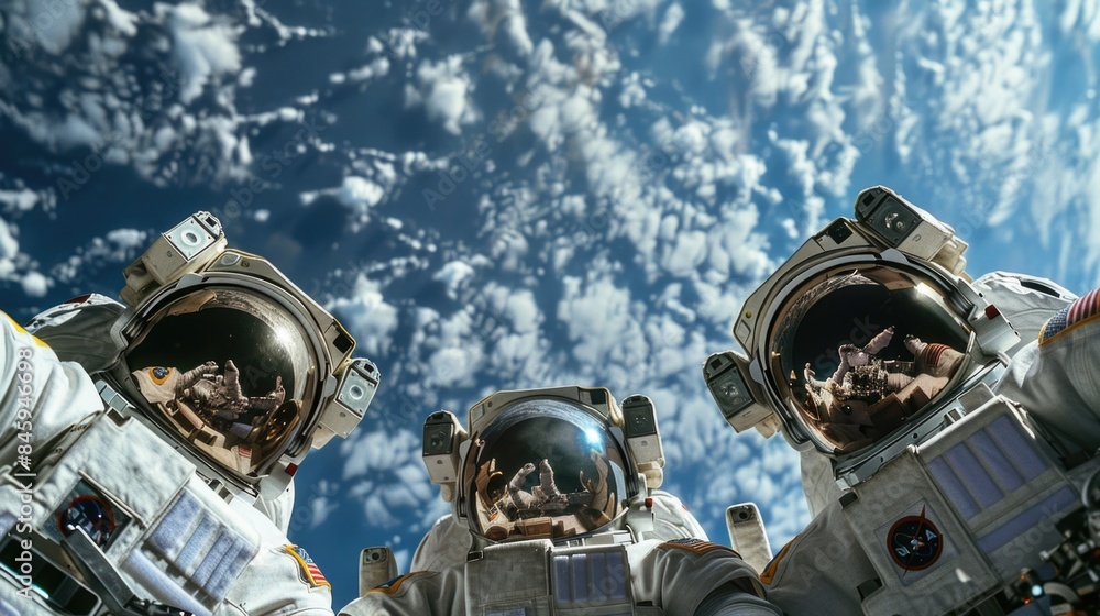 Poster a group of astronauts floating in space, with a bright blue sky in the background