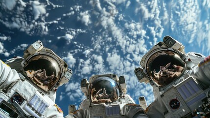 A group of astronauts floating in space, with a bright blue sky in the background