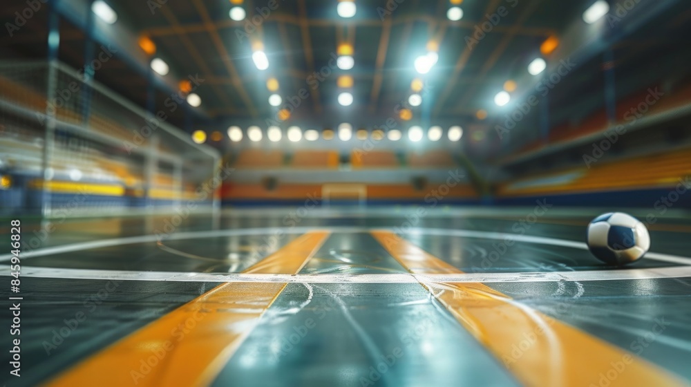 Poster a single soccer ball sits on the surface of a basketball court, with no other objects in sight