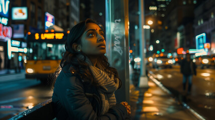 Obraz premium Gen-z Indian woman looking up while waiting for a ride on a New York City street at night.